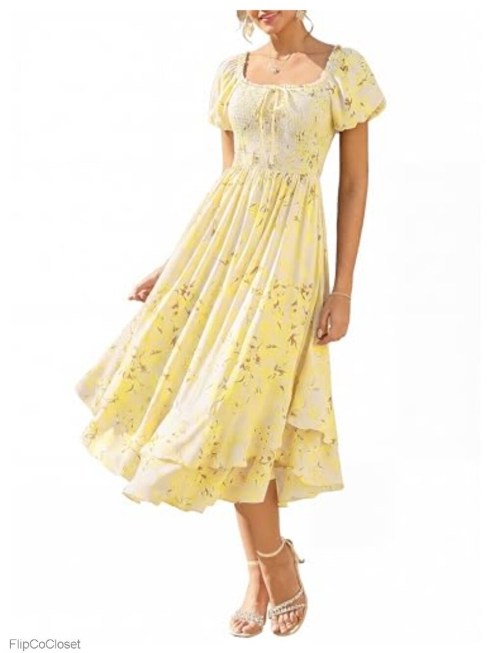 Floral Maxi Dress Square Neck Puff Sleeve Chiffon Wedding Guest